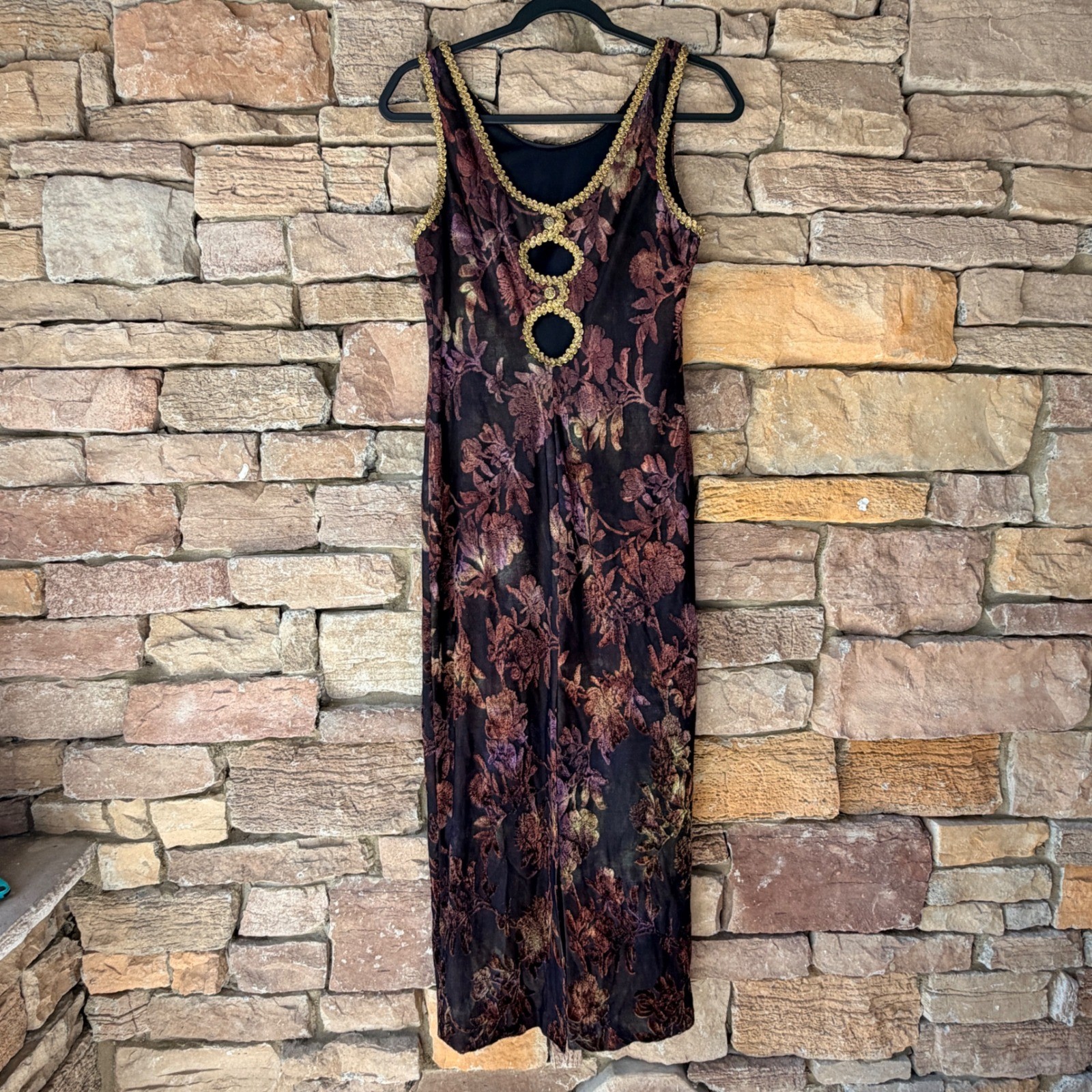 VTG Joseph Ribkoff Women 8 Whimsigoth Dark Floral Burnout Cutout Trim Maxi Dress