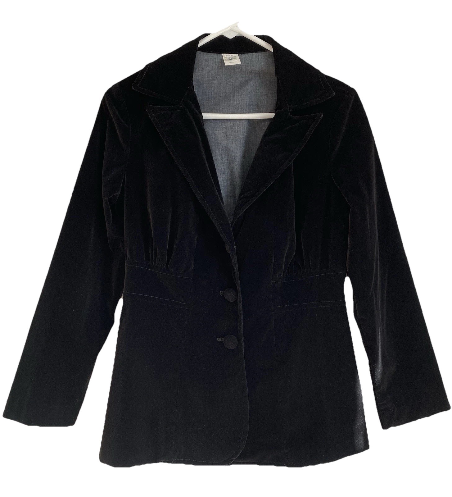1970’s TAILORED BLAZER Jet Black Vintage Huge Collar Gathered Detail Size S/M