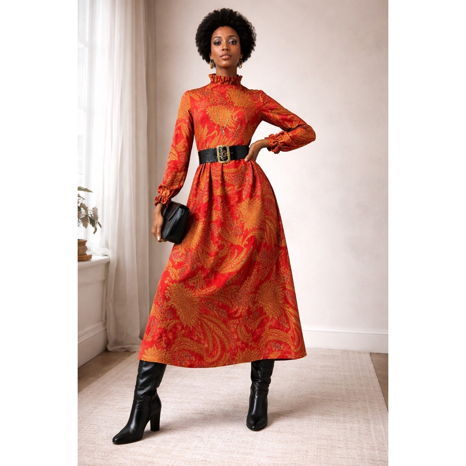 Mollie Parnis Vintage 60s Gown Red Gold Brocade Maxi Dress Small Ruffle Neck