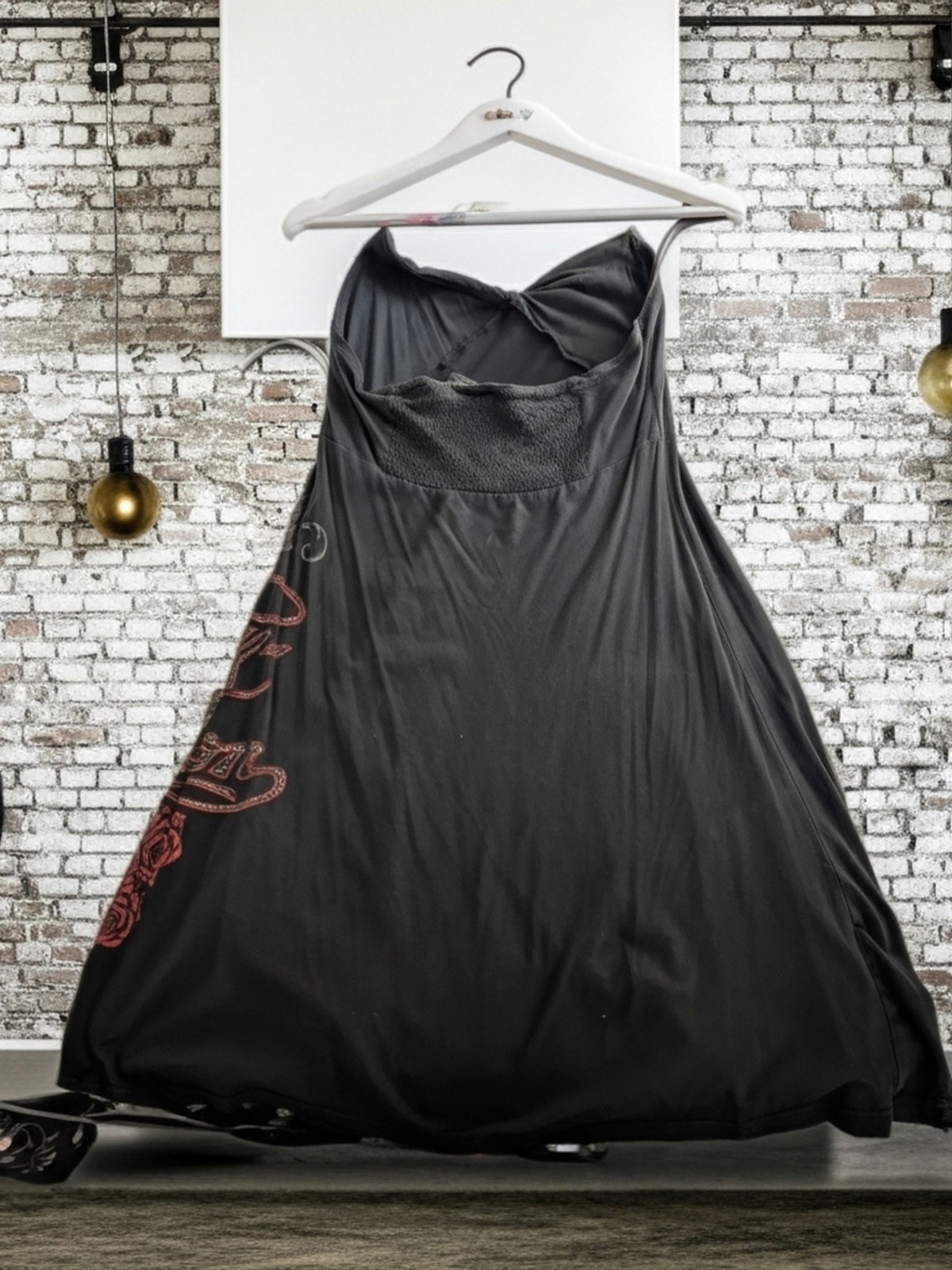 Y2K Harley-Davidson Black Label Halter Dress Rhinestone Rose Graphic Moto Sz M