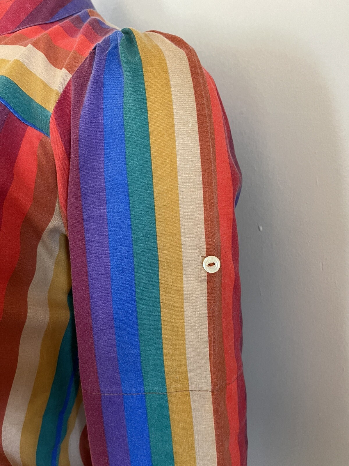 Vintage 1970s or 80s Byer California Rainbow Striped Drawstring Hem Top – Small