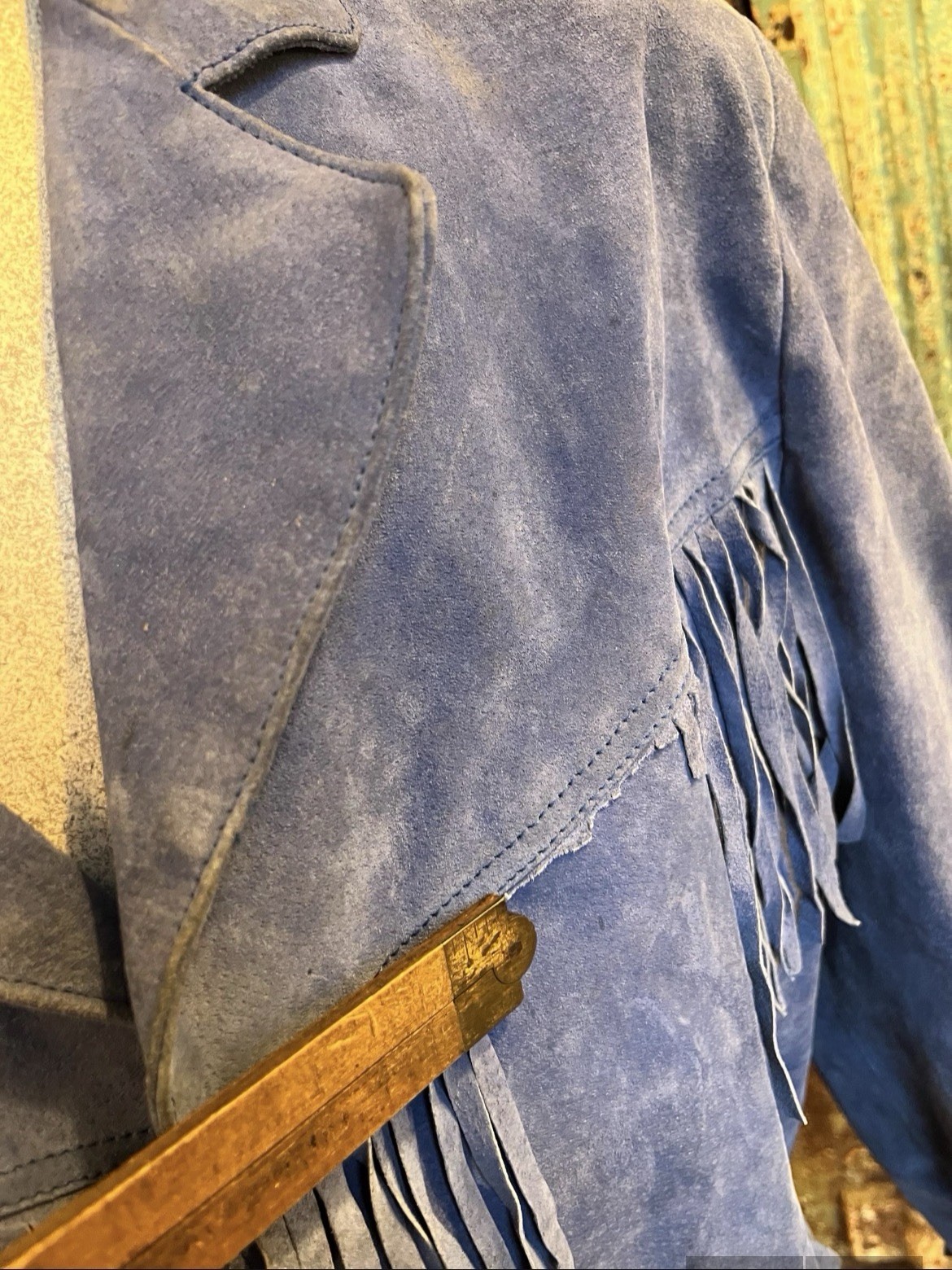 Vintage 1980s 1990s Blue Suede Fringe Jacket Medium