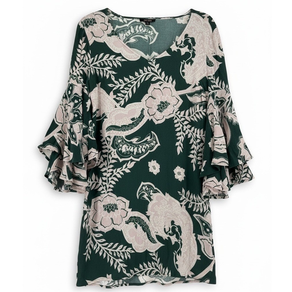 Ella Moss Floral Bell Sleeve Mini Dress XS Green Pink Boho Cottagecore EUC