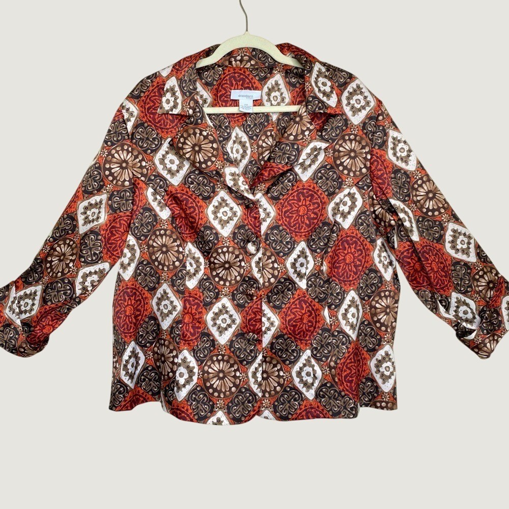 Dressbarn Jacket Women 2X Vintage Geometric Medallion Print Button Front 3/4 Slv