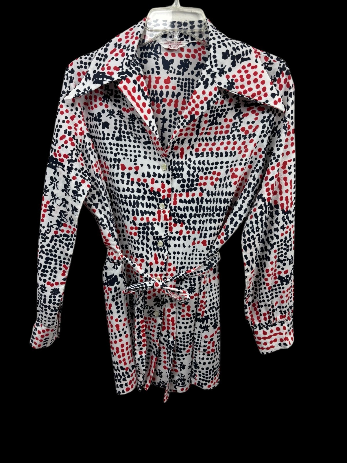 VTG Graff Poly Multicolor Abstract Belted Button Front Daggar Collar Blouse S/M