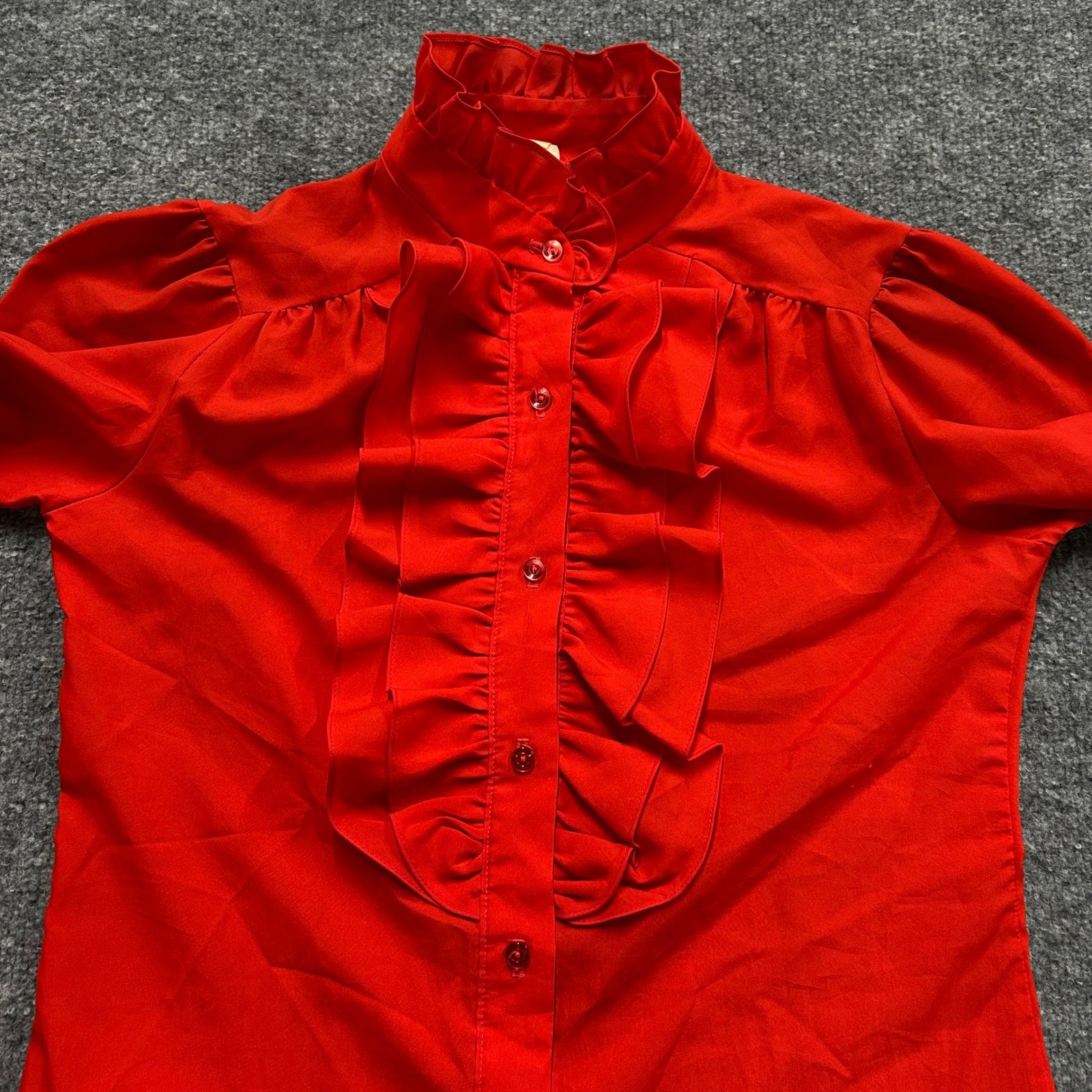 Vintage Ruffle Blouse Womens Size 9/10 Red Sleeve Victorian High Neck Button
