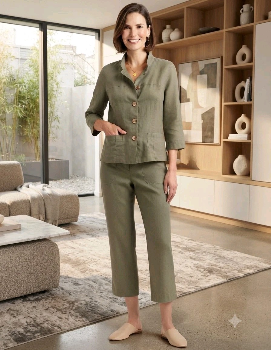 Vintage Cherokee Linen Set Jacket Button Up 3/4 Sleeve & Cropped Pants size 6