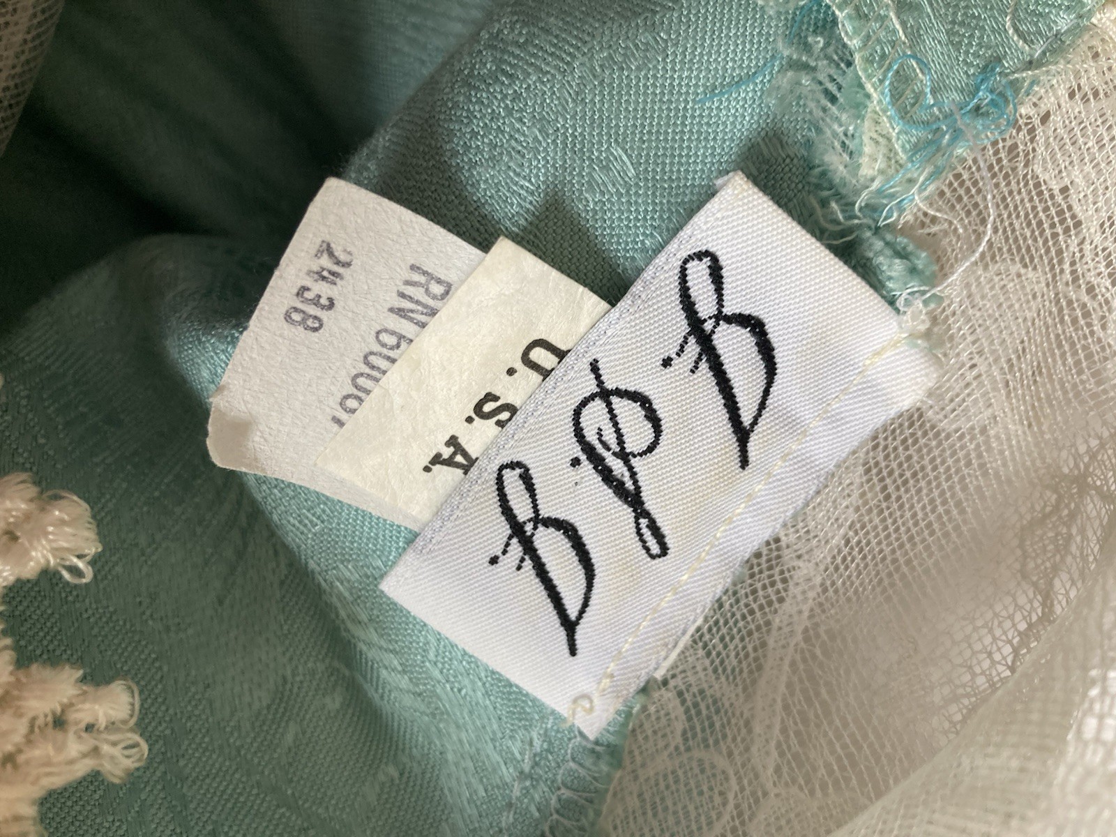 JSJ Vintage Aqua Jacquard/Brocade Dress With Lace & Pearls Size 7/8 Made In USA