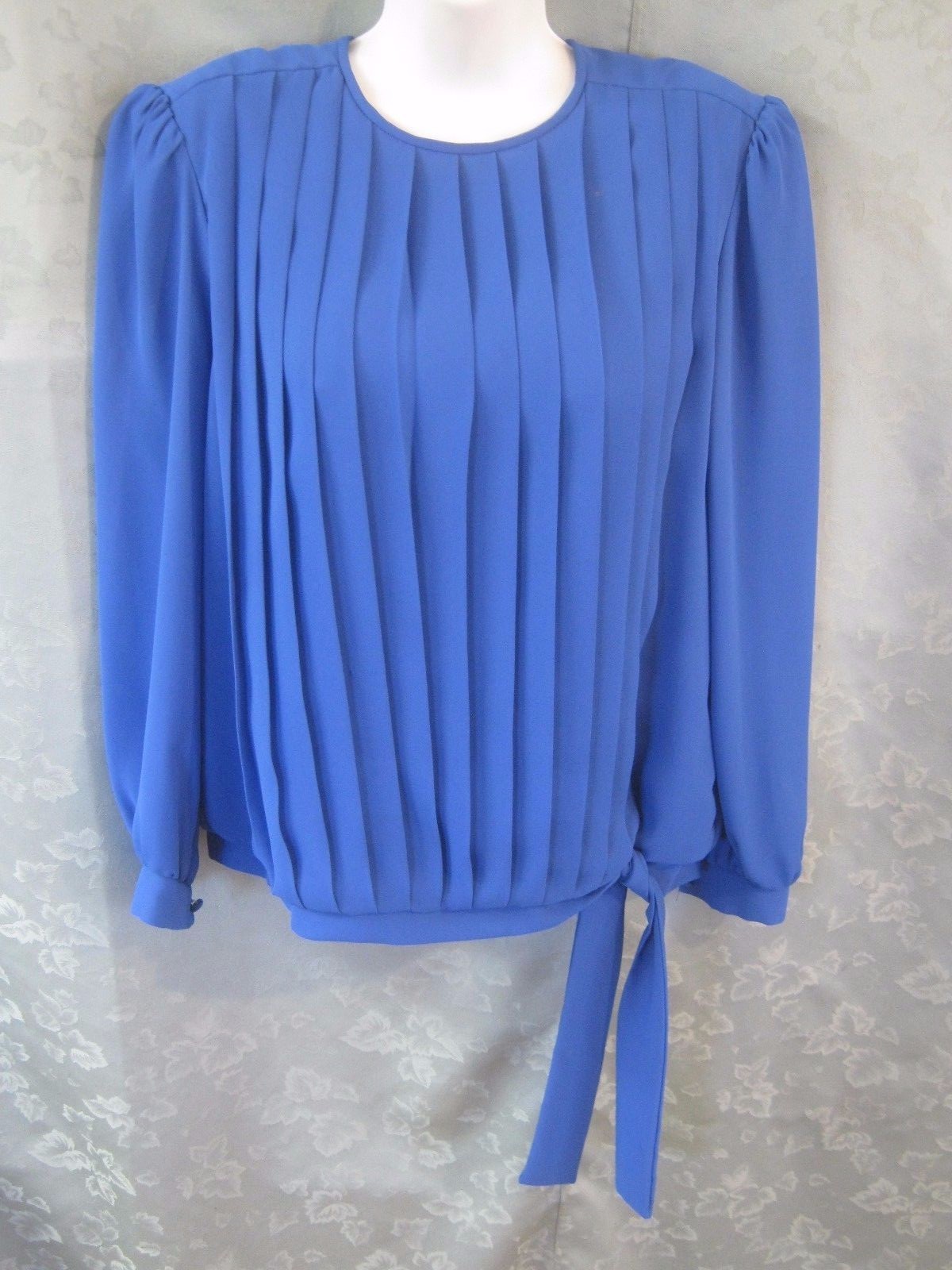 Vintage 80’s Monica Richards Blouse Size 12 Blue Sheer Pleated Side Tie Dressy
