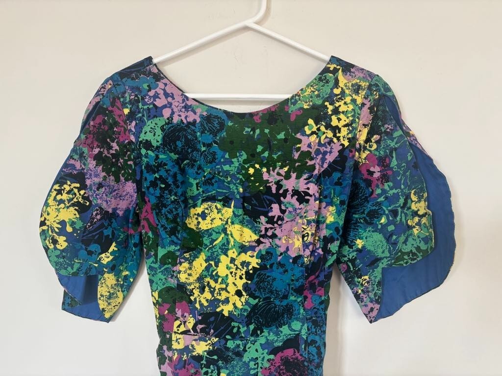 Vintage JA-NA Hawaiian Maxi Dress Size 10 Abstract Floral Multi Color Barkcloth