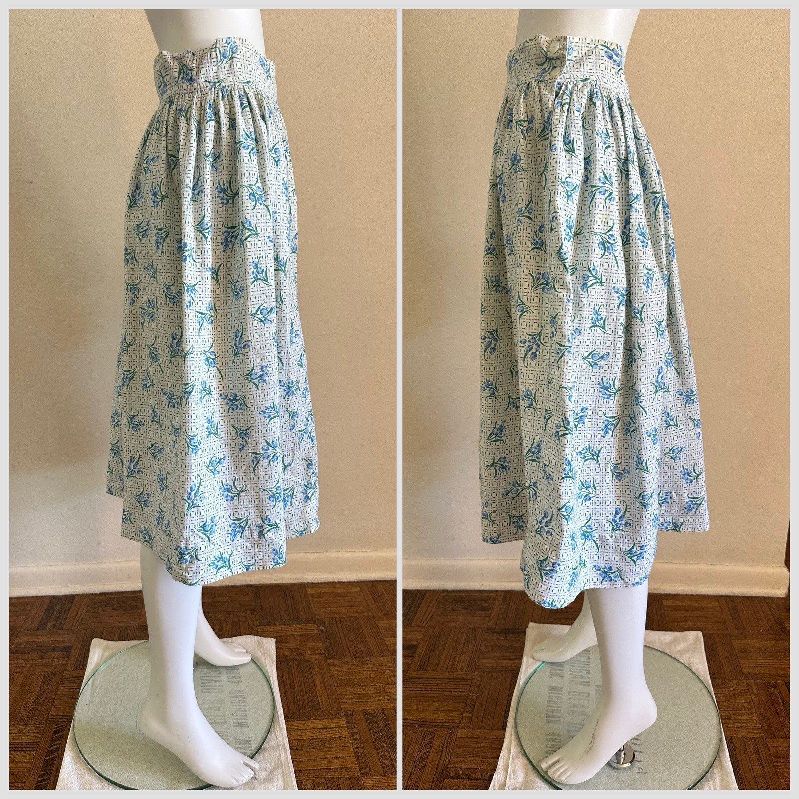 1930s 40s Feed Sack Skirt 28” Waist Blue Floral Tulip Grid Fabric Cotton MOP VTG
