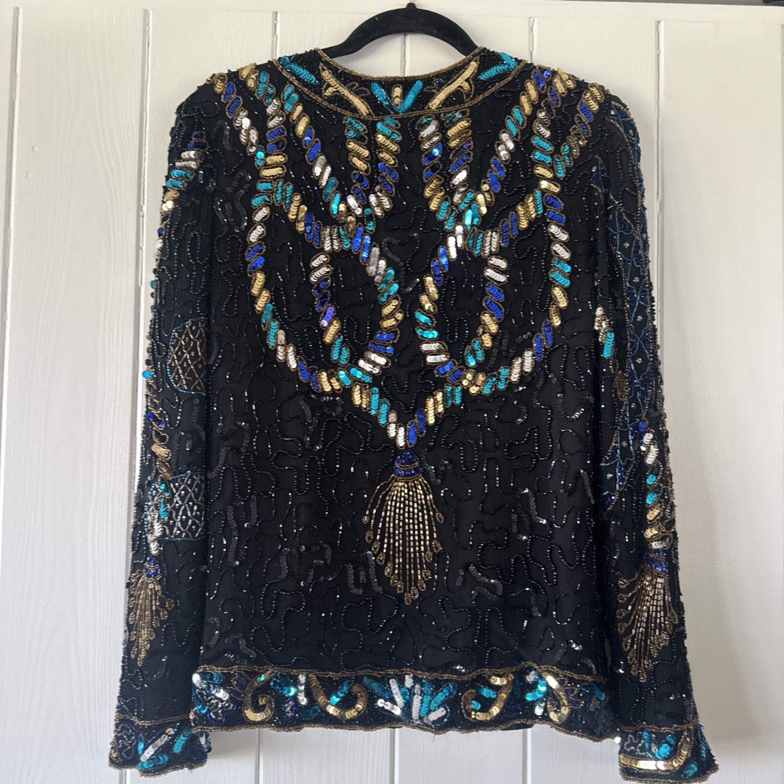 LAURENCE KAZAR Jacket 💯 Silk Lined Beaded Sequins Black Gold Large Clean