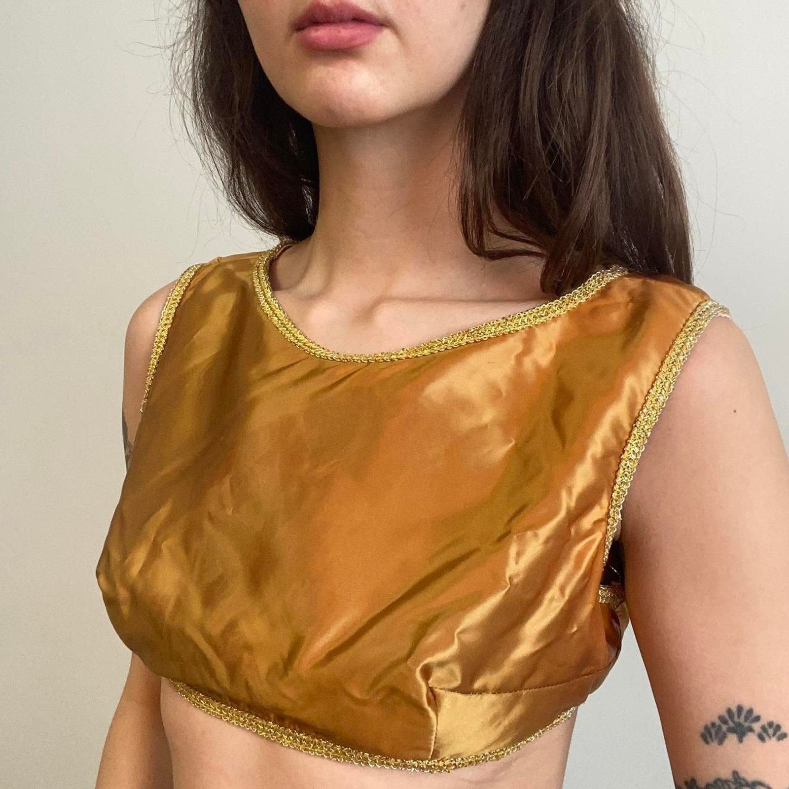 1960s gold satin showgirl top (16in ptp, 10in length)