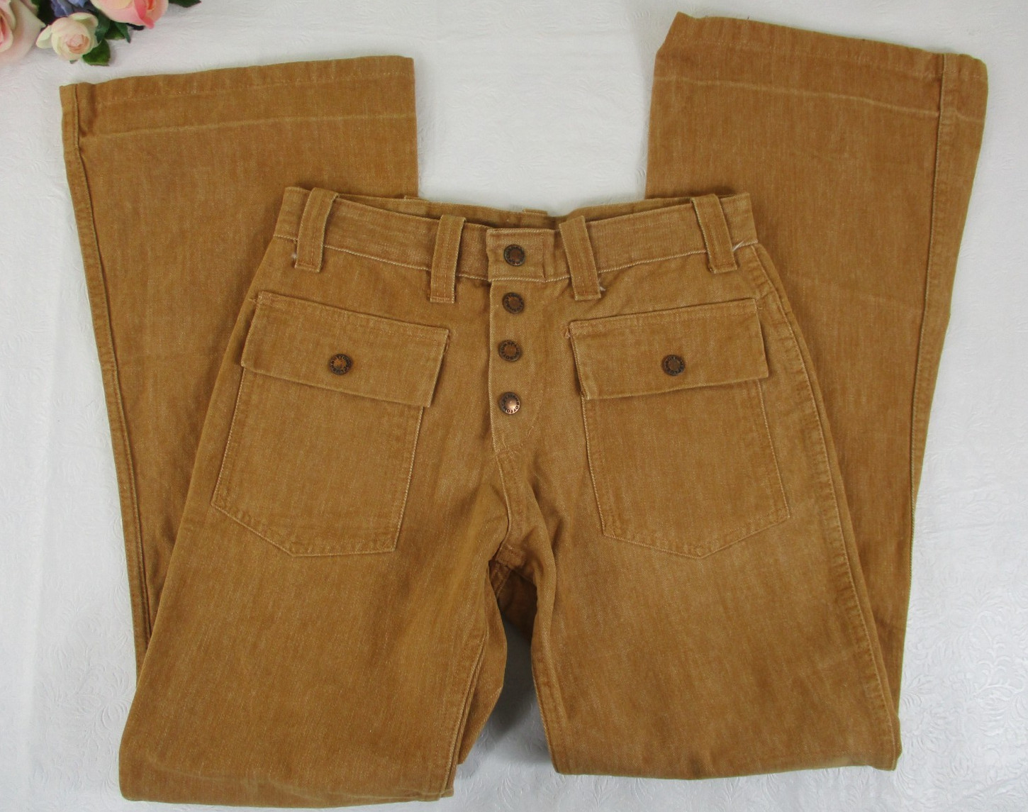 VTG 70’s Plush Bottoms Bell Bottom Snap Fly Jeans Boho Hippy 27 X 29 Brown Twill