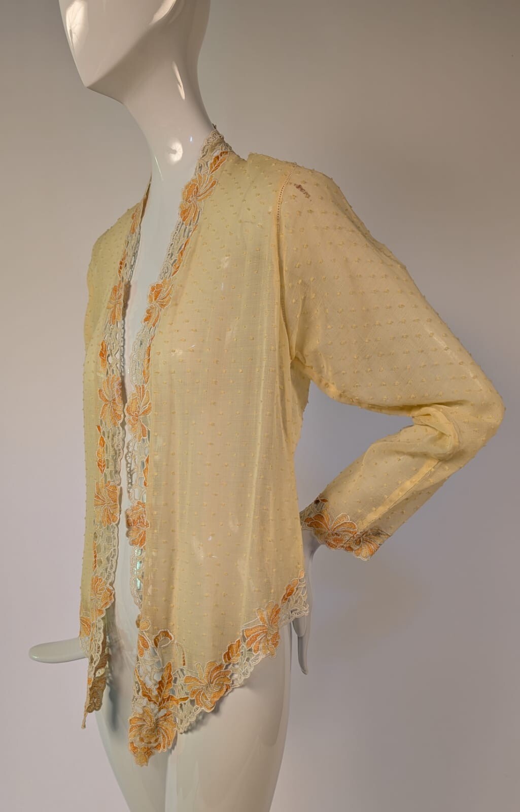 EDWARDIAN SWISS DOT MUSLIN JACKET W BEAUTIFUL FLORAL EMBROIDERED EDGES