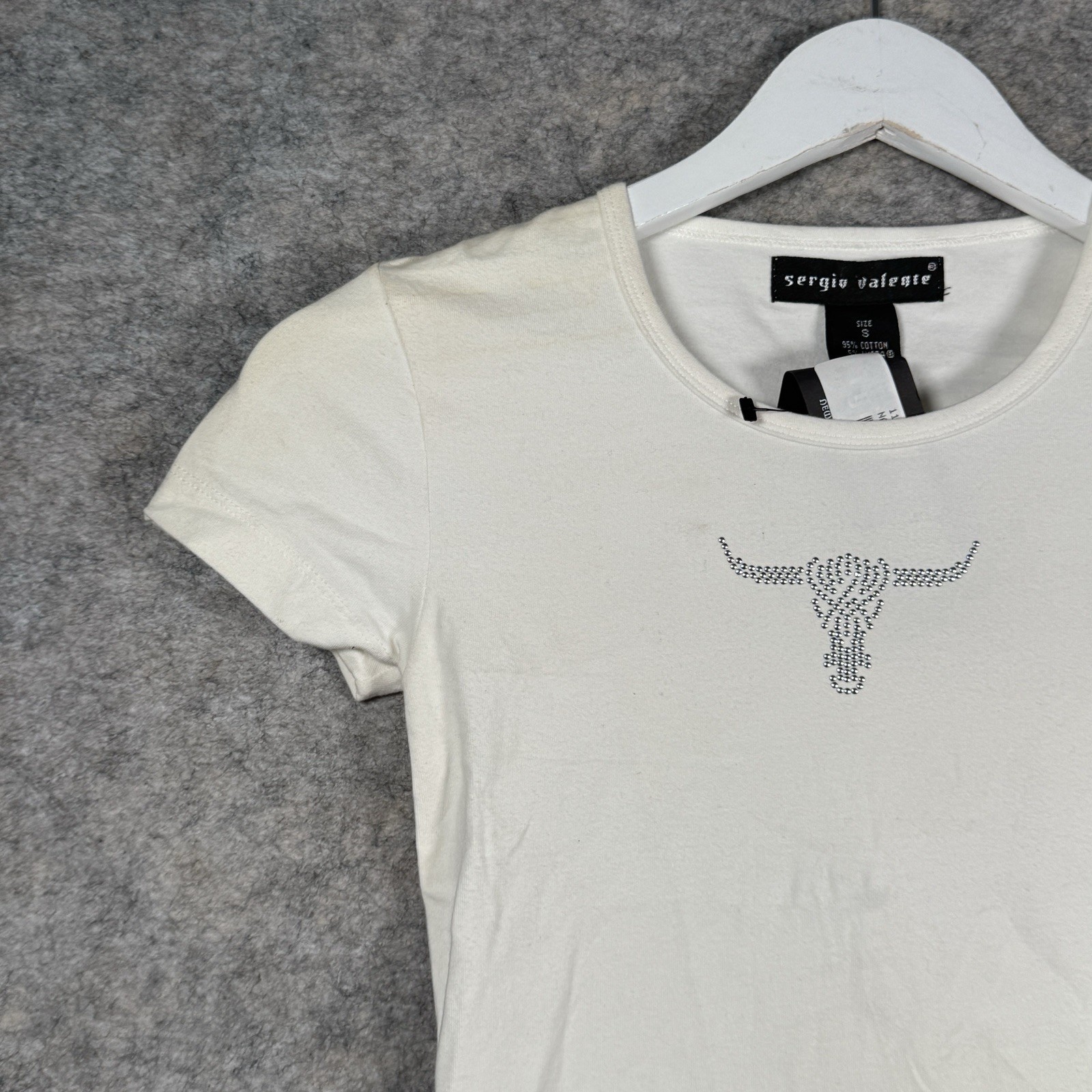 Vintage Womens Y2K NWT Sergio Valente White Short Sleeve Bedazzled Top Sz S