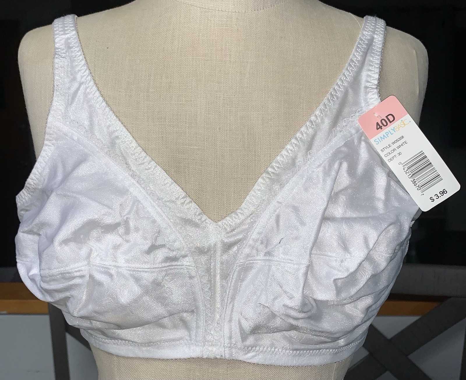 A8 NOS VTG WALMART SIMPLY BASIC 40D CLASSIC WHITE MODEST PROMO BRA 5358 NYLON