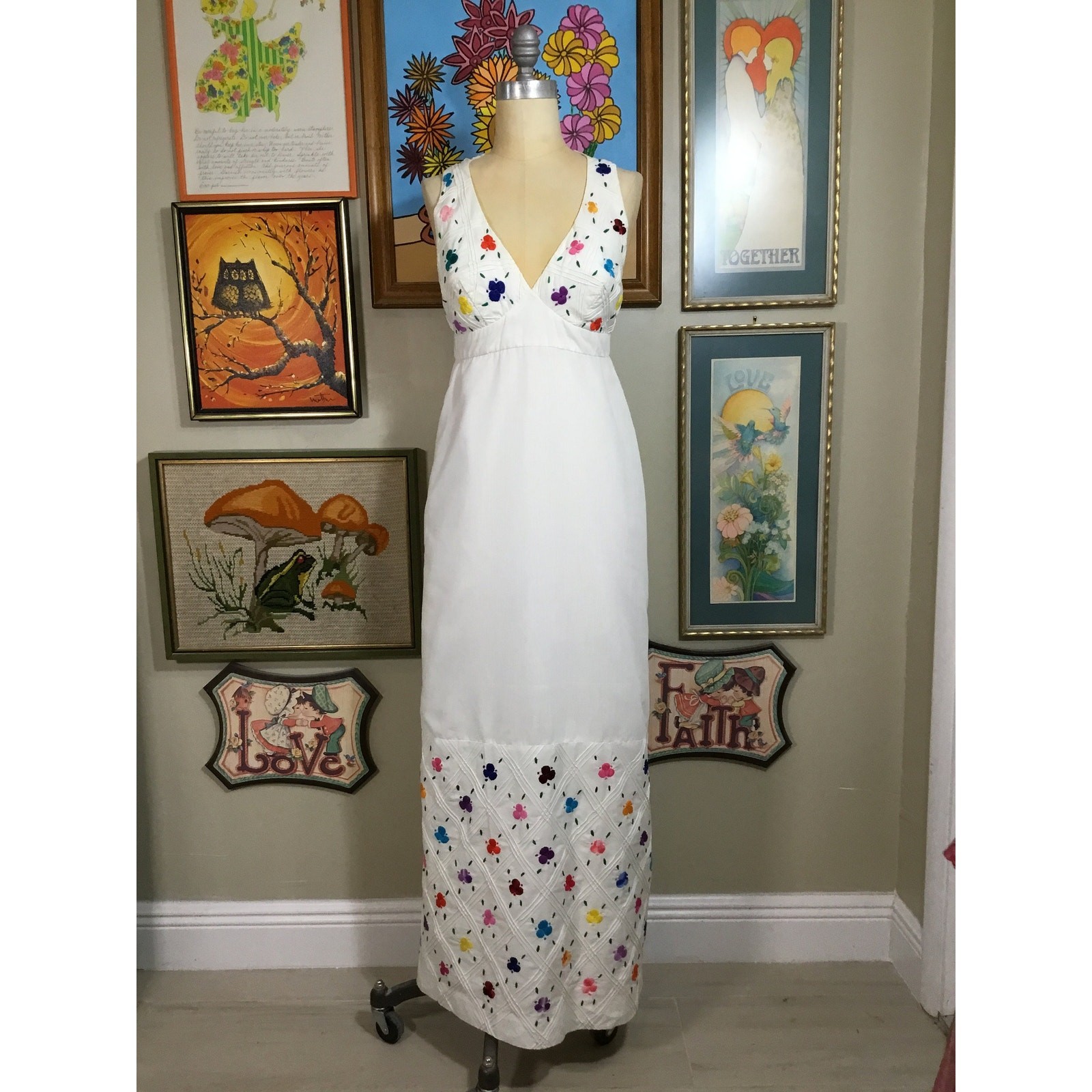 60s Thelma Acapulco Embroidered Maxi Dress White Cotton Boho Floral Resort Wear