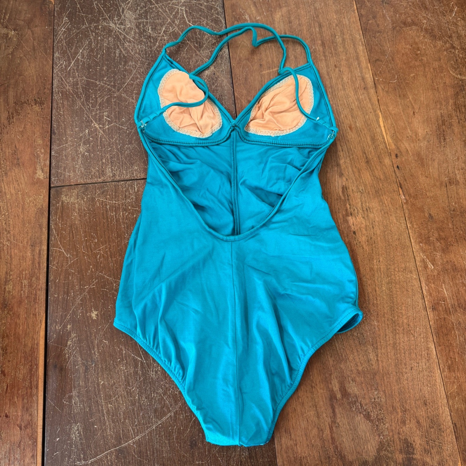 Vintage Catalina California Teal Blue Ruched Halter One Piece Swimsuit Size 12