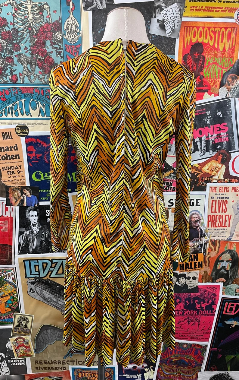 Vtg 60s Yellow Mod Zig Zag Drop Waist Dress Womens Small Psychedelic Gogo Sz 2/4