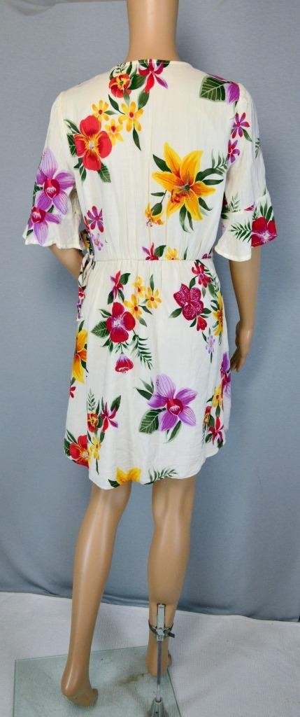 VTG Old Navy Mini White Tropical Floral Deep V Flutter Sleeve Boho Wrap Dress M
