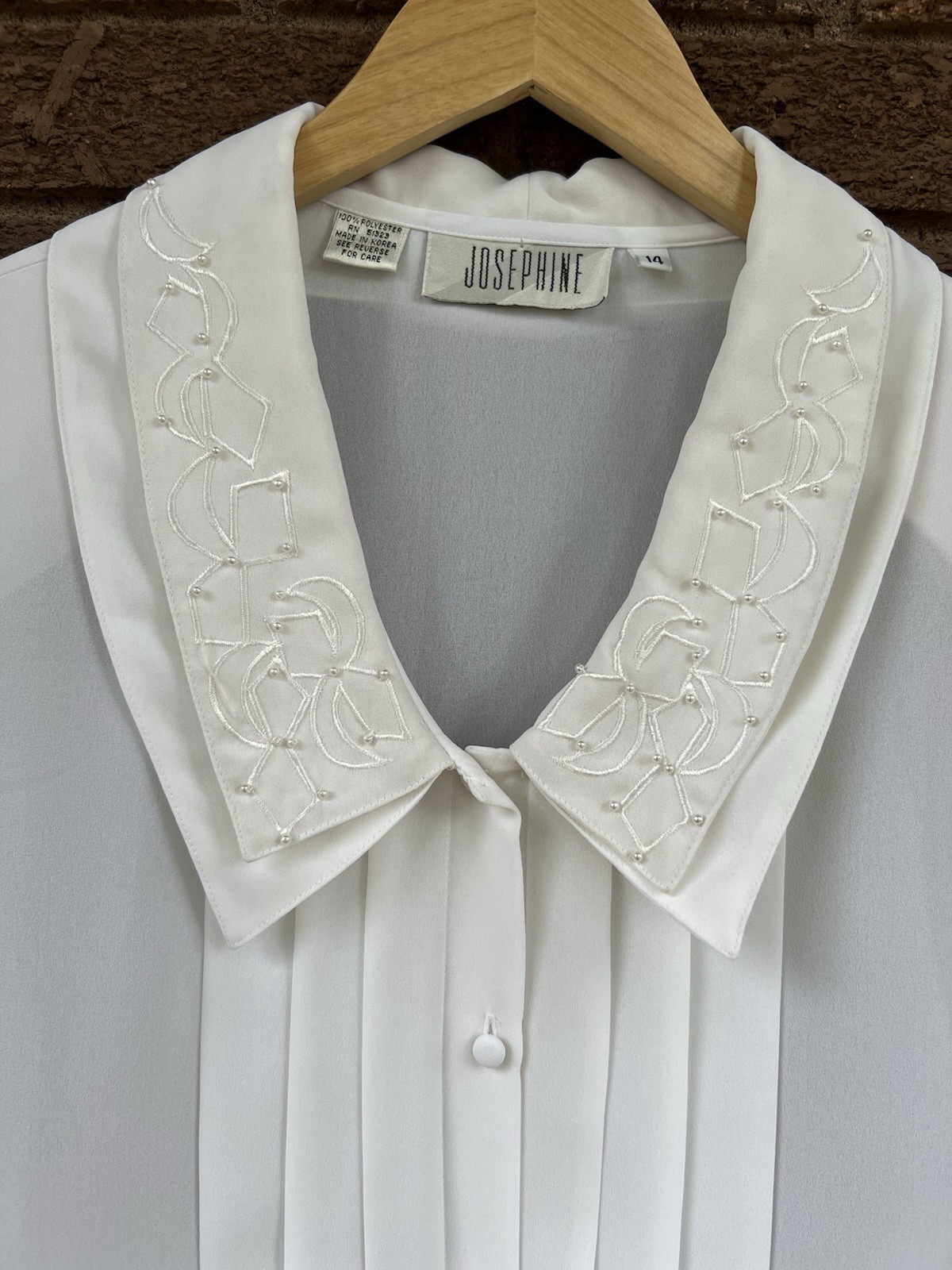 Vintage 80s White Secretary Blouse Embroidered Pintuck Pleated Victorian Sz 10