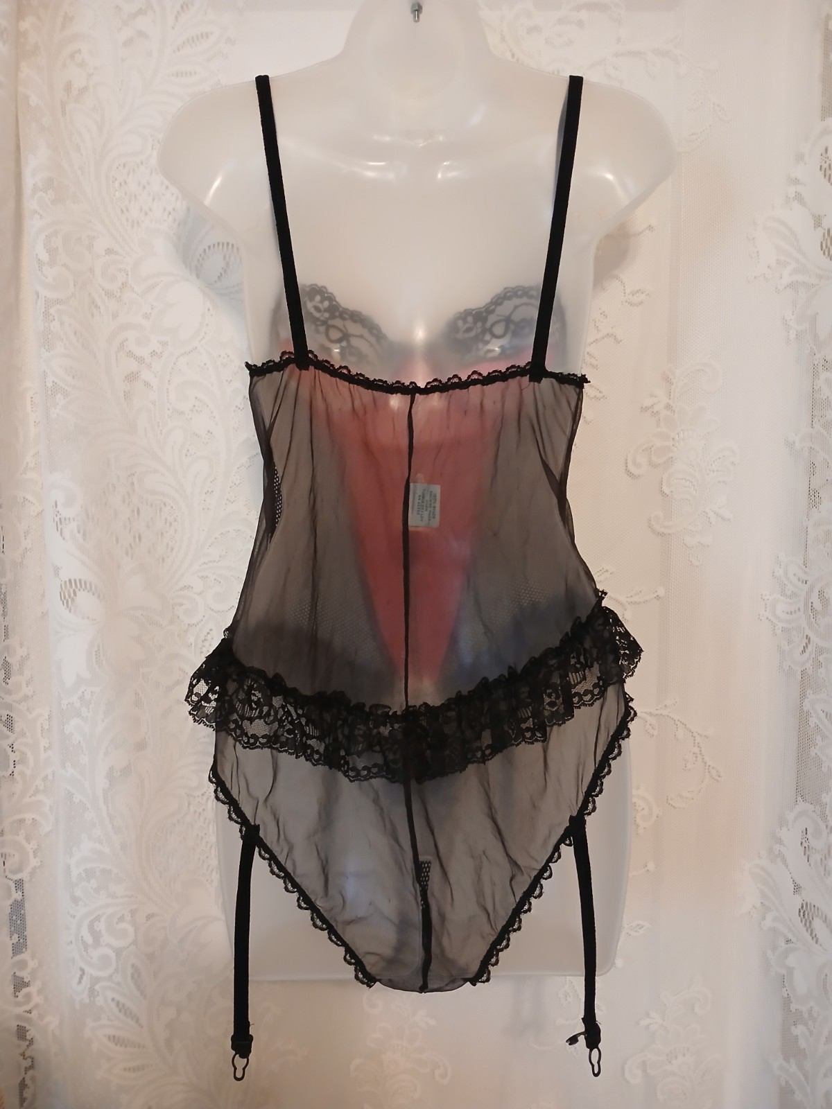 Vintage 80s Hot Pink Satin Black Sheer Fishnet Lace Teddy Lingerie Garters L