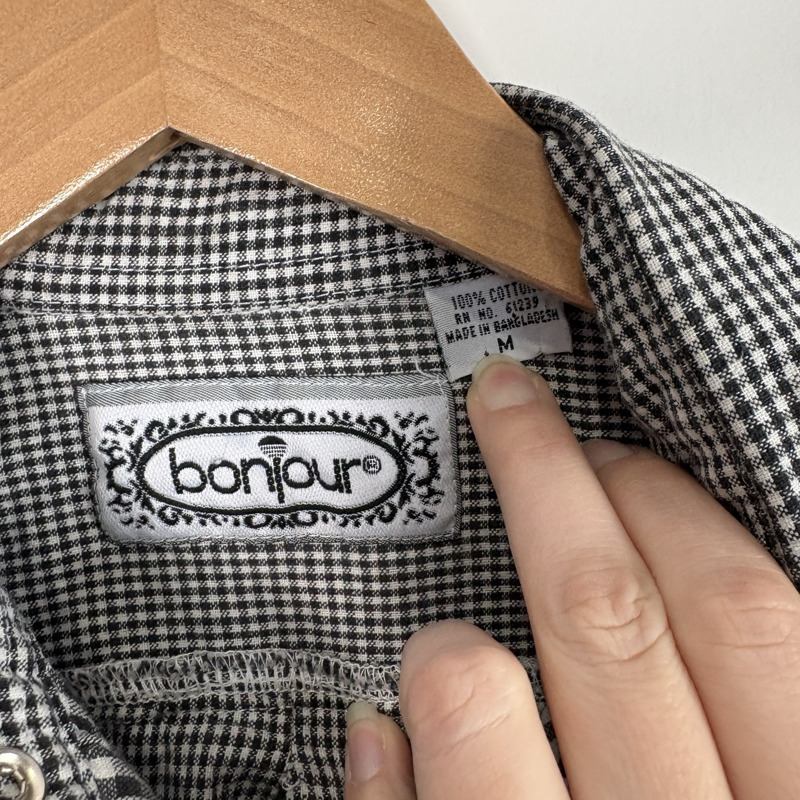 Vintage Bonjour Button Up Gingham Plaid Black White Long Sleeve Womens size M