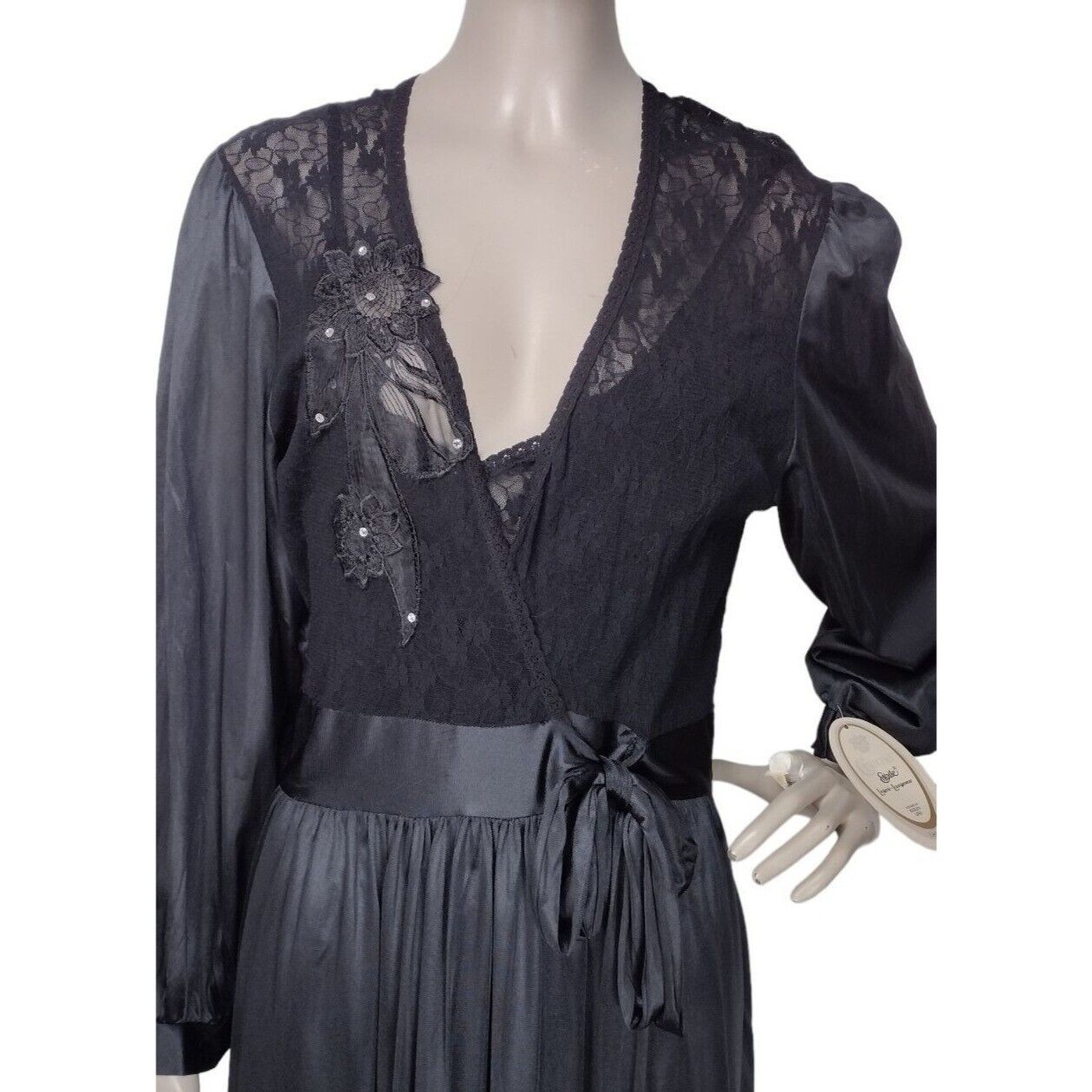 Vintage 80s Cinema Etoile Sexy Black Lace Sweeping Princess Nightgown & Robe NEW