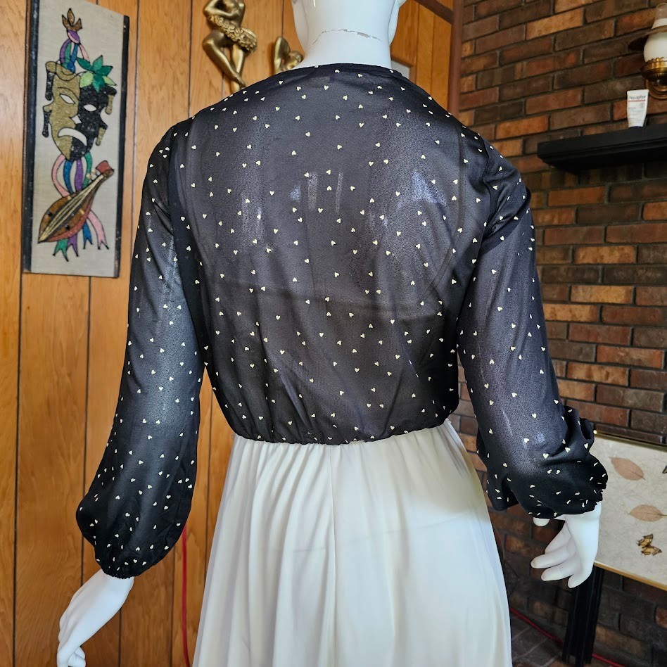 Vtg 70s Disco Hearts Print Bishop Sleeve Blouson Studio 54 Swing Dress XS/S/M