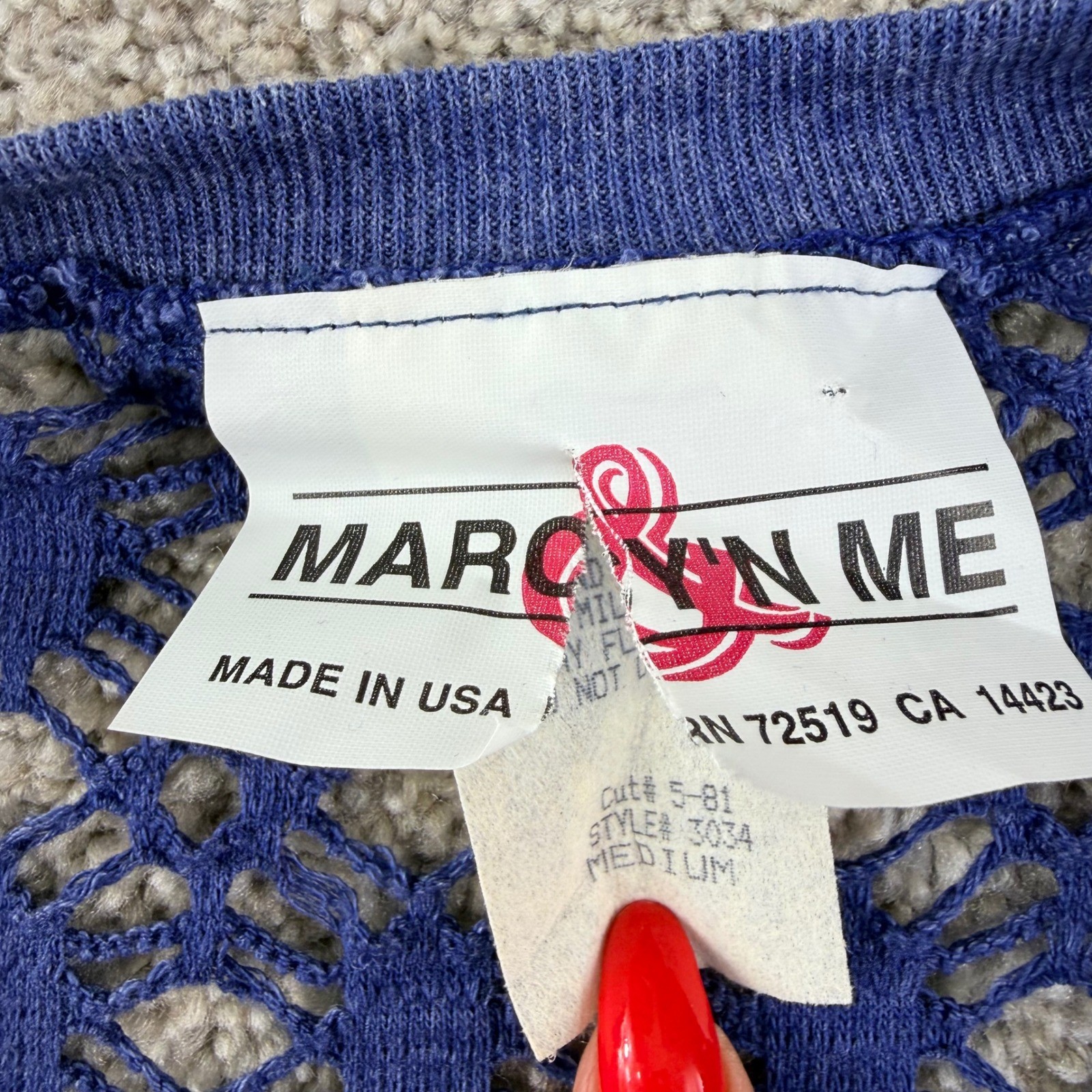 Marcy N’ Me Crochet Sweater Women M Blue Vintage 80s Boho Open Knit V-Neck Artsy
