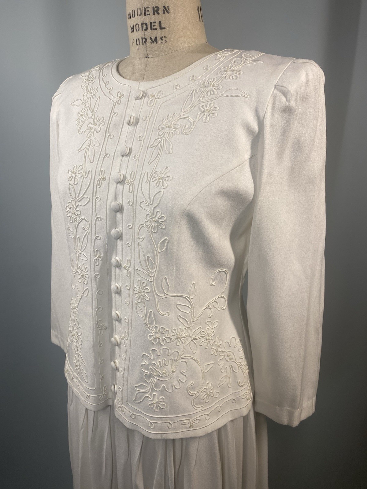 Vintage Dress SIZE 10P MEDIUM ivory white KARIN STEVENS classic MOB 80s 90s