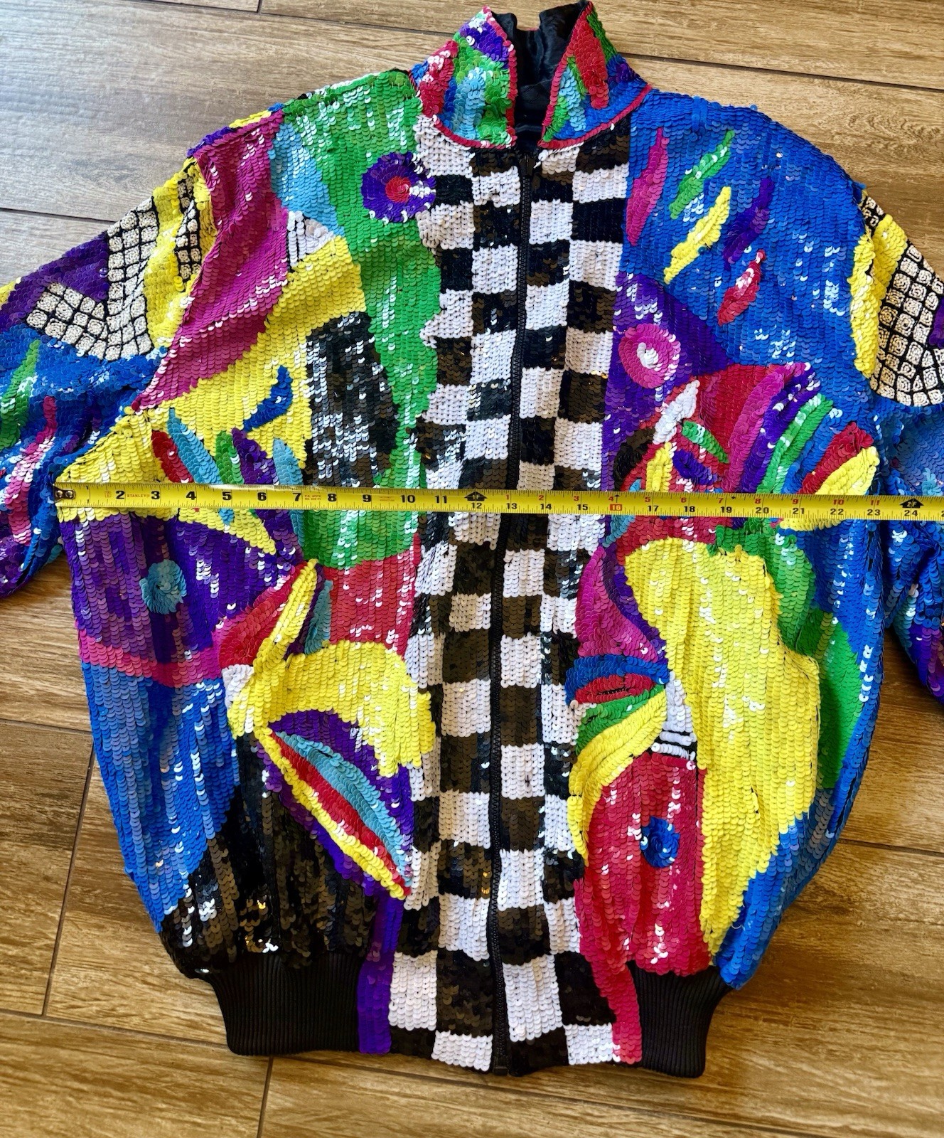 Vintage 80s Sequin Beaded Colorblock Art Deco Zip Jacket Statement Coat Glam XL