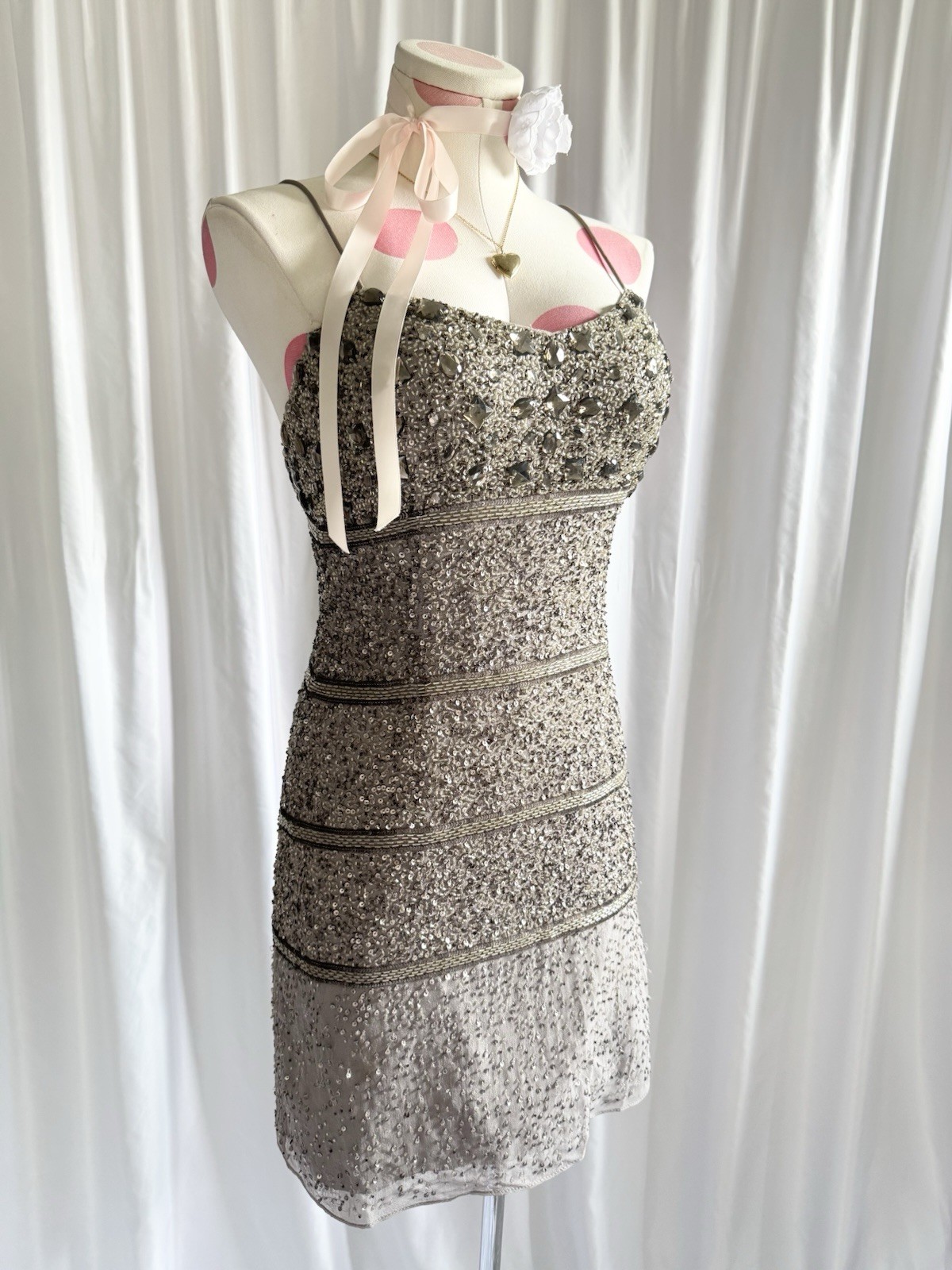 Vintage Y2K Silver Beaded Silk Sequin Gem Party Princess Mini Dress Grey Size S