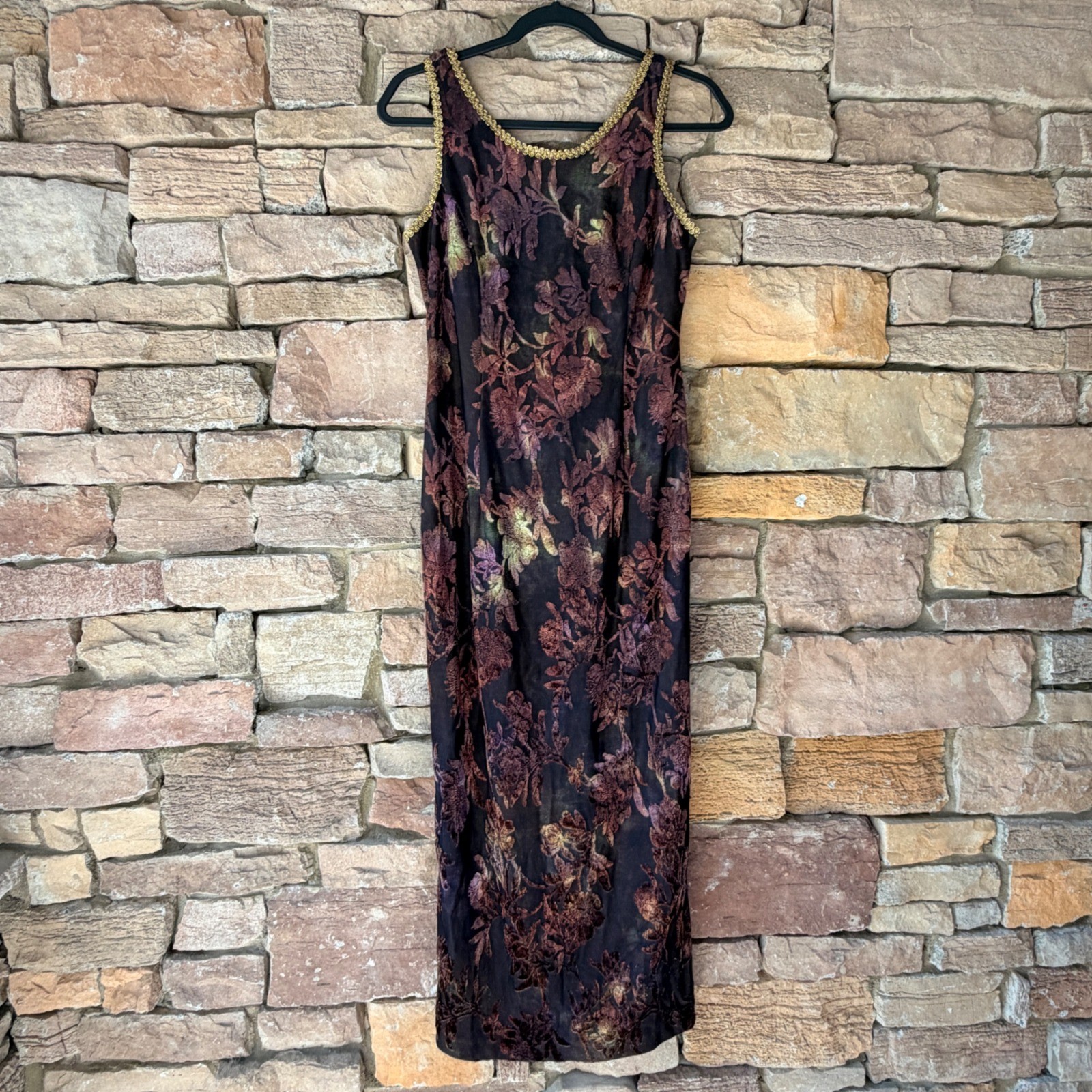 VTG Joseph Ribkoff Women 8 Whimsigoth Dark Floral Burnout Cutout Trim Maxi Dress