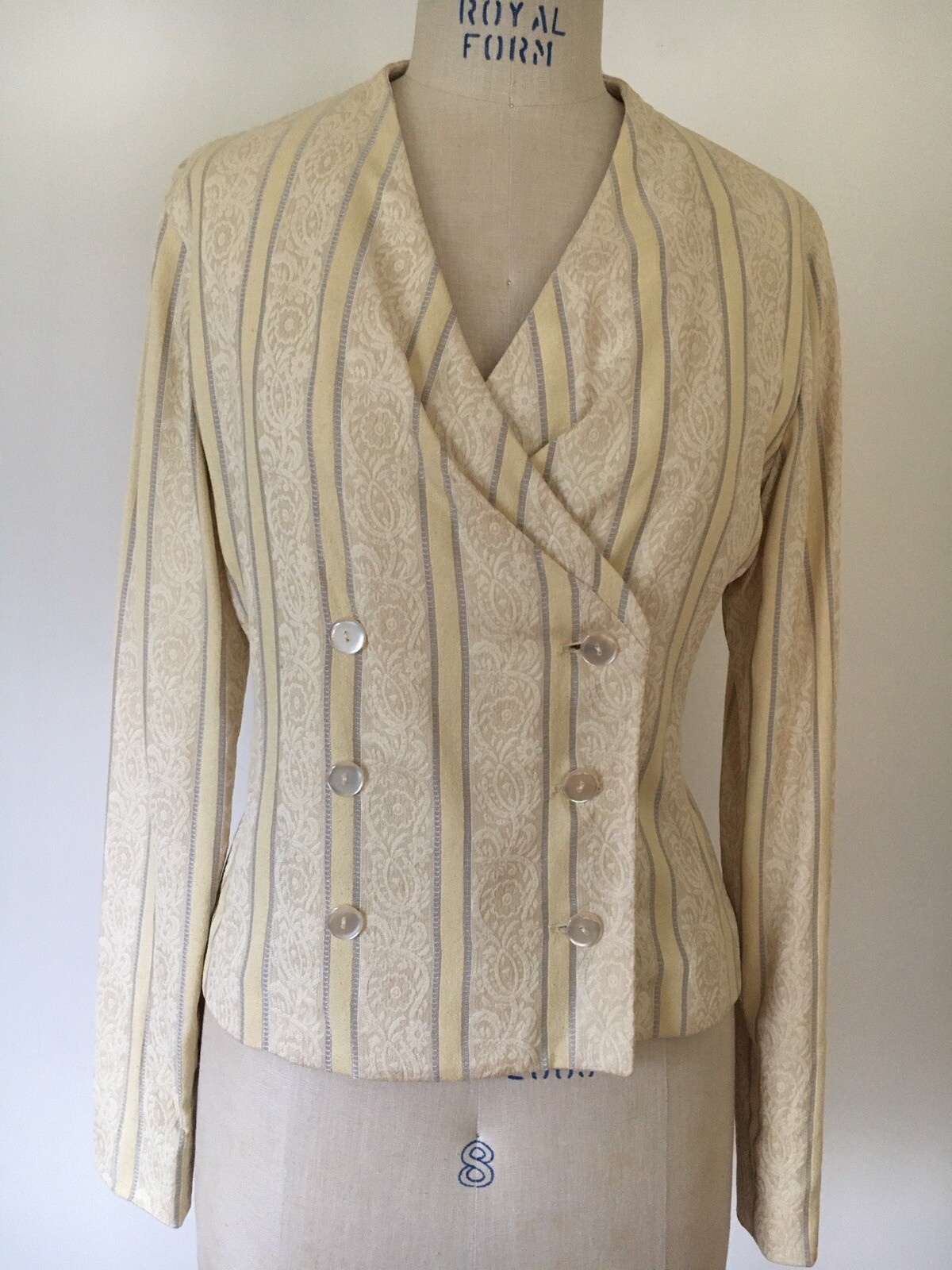 Vtg 80s Salvatore Ferragamo Fitted Jacket Pleated Bust Silk Jacquard Sz 42 Italy