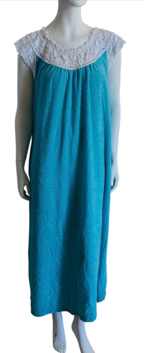1970s Turquoise Terry Cloth Maxi Dress Resortwear Crocheted Collar Boho Chic