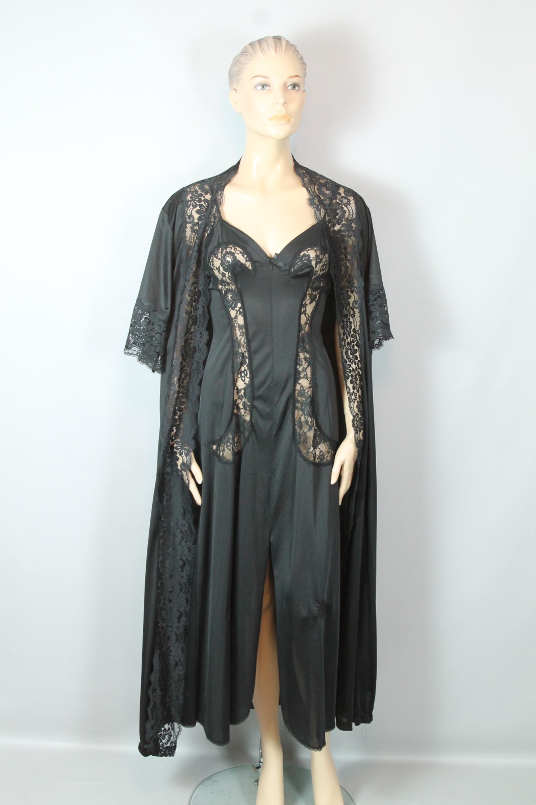 Vtg GLYDONS Made USA Hollywood Black Nylon Lace 2pc Peignoir Nightgown Robe M