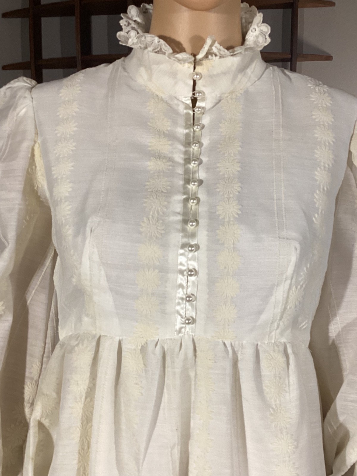 Vintage 60s 70s Prairie Maxi Dress Lace Hippie Boho Victorian Flocked Flowers