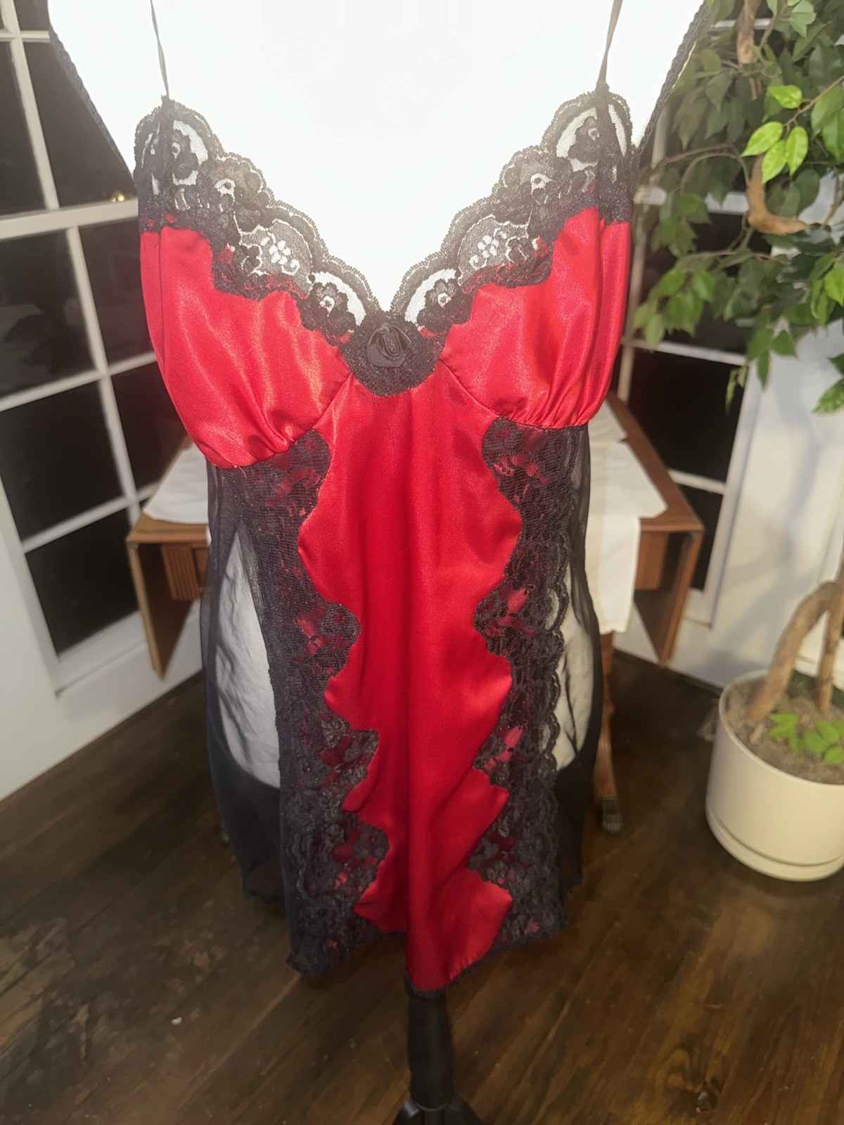 Vintage 90s Red Black Lace Babydoll Chemise Lingerie Sheer Cutout Negligee Large