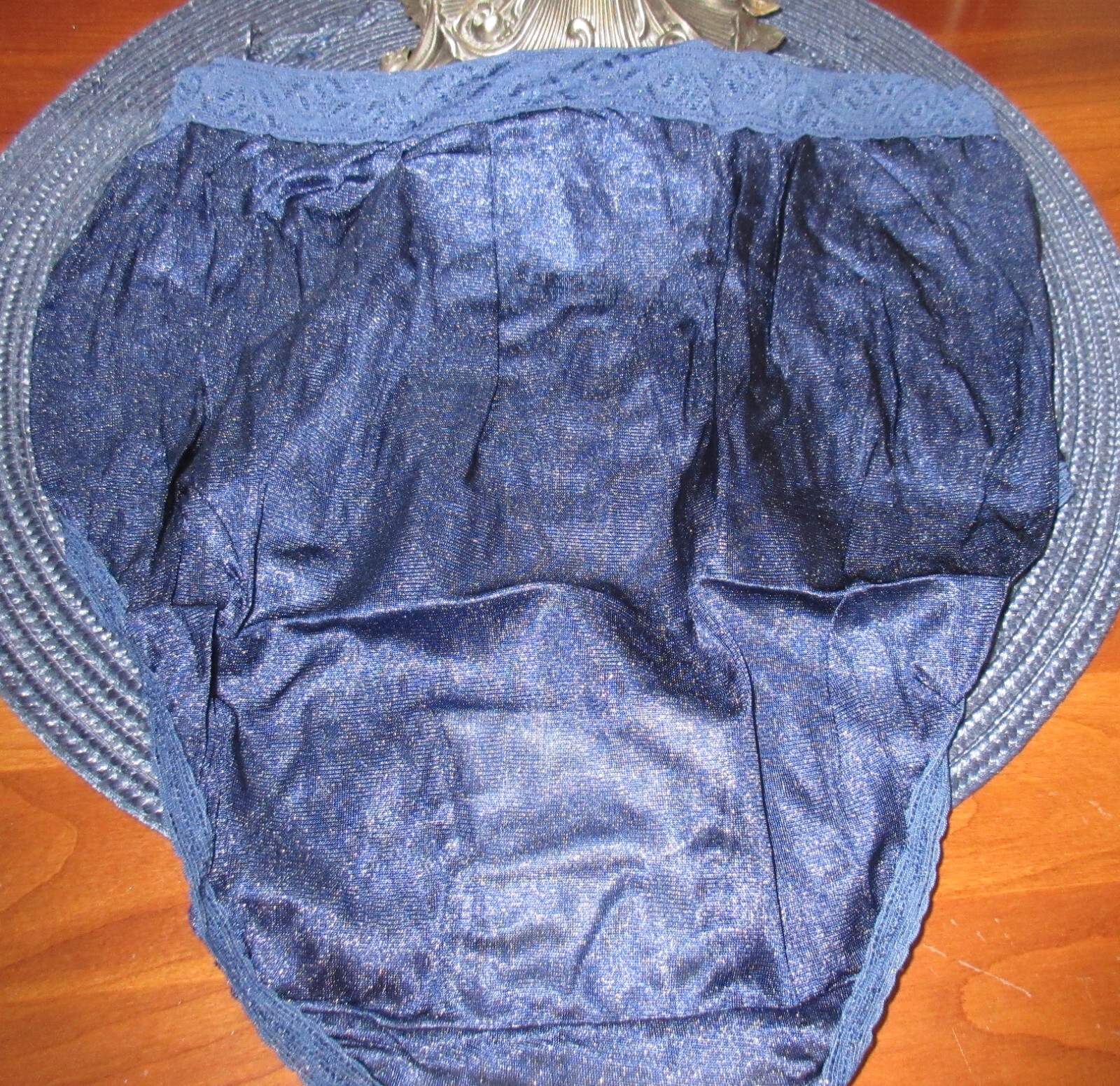vtg FRUIT of the LOOM MIDNIGHT BLUE lace waist HI LEG SISSY sheer panties 6/M