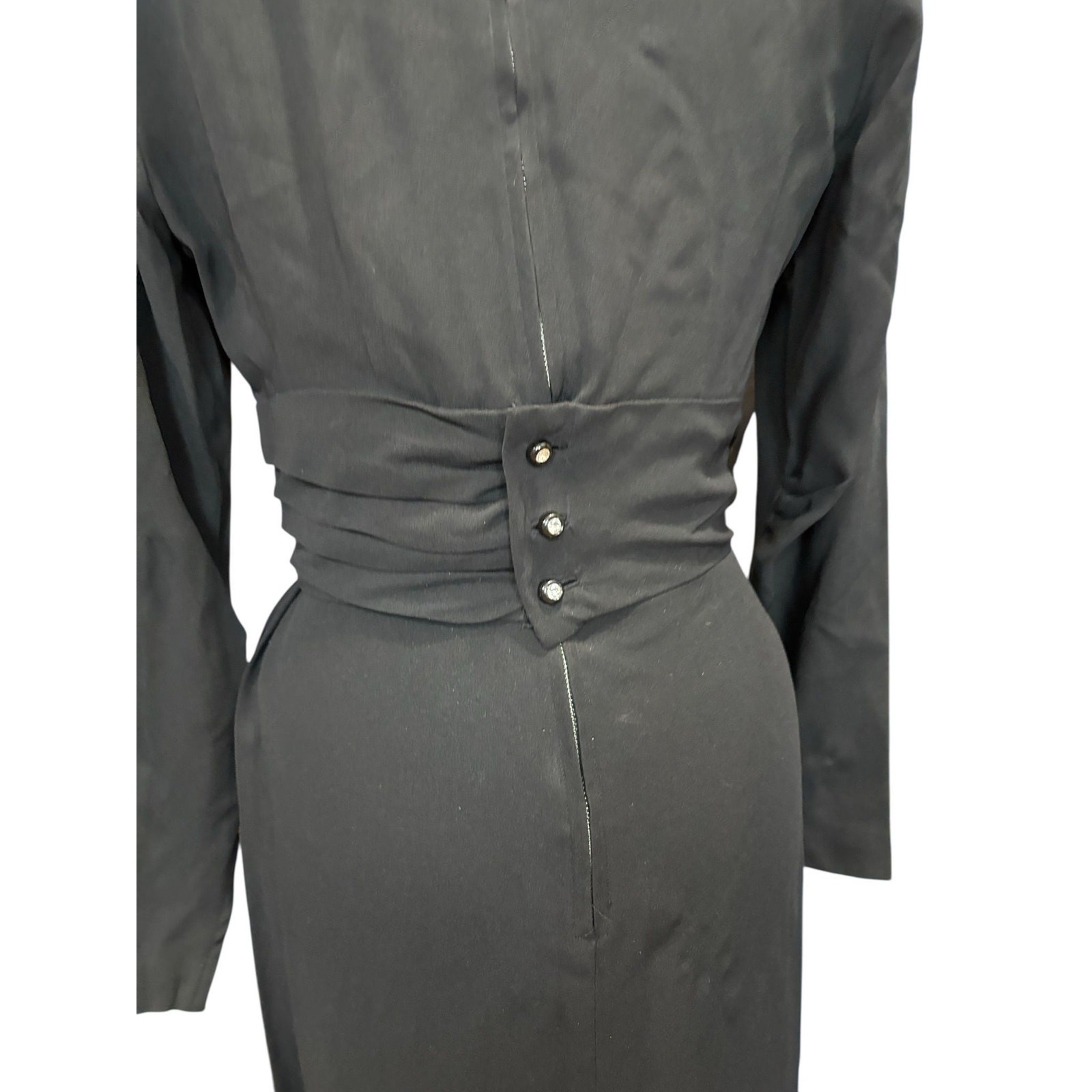 1958 Carlye Black Rayon Crepe Dress • Metal Zippers • Sculpted Waist Minimalist