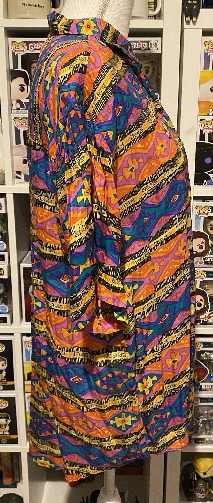 Vtg 90s Womens Medium Silk Short Sleeve Top “Tribes From The Land Of The Brave”