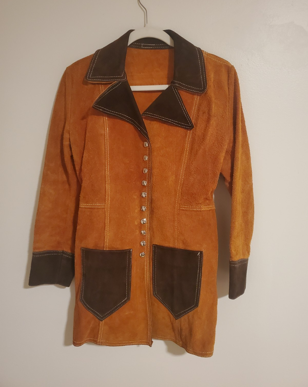 1960s 1970s Women’s Orange/Brown Snap Front Belted Jacket, Contrast Stitch