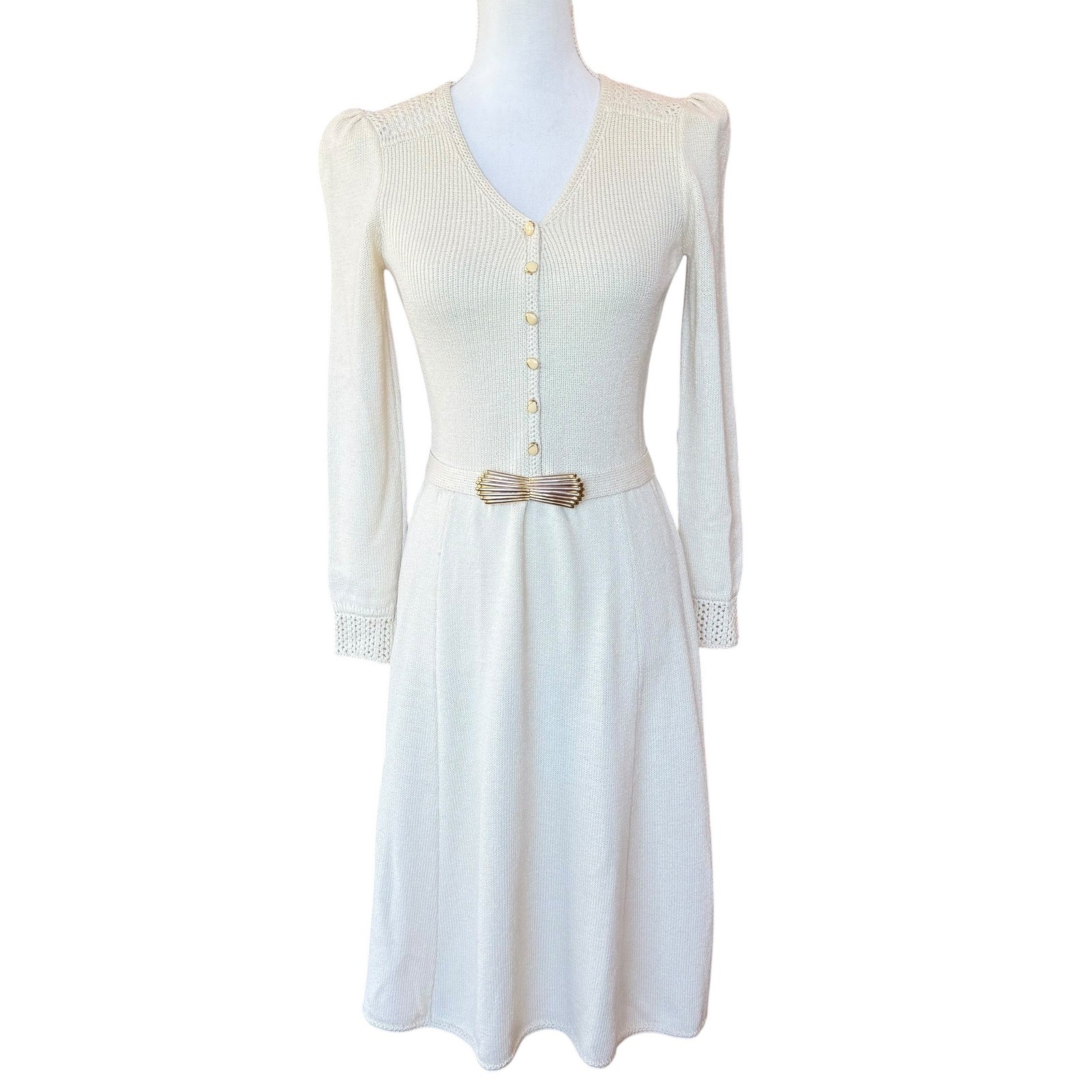 Vintage St John for I Magnin Knit Midi Dress Cream Gold Button Bow Belt Womens S