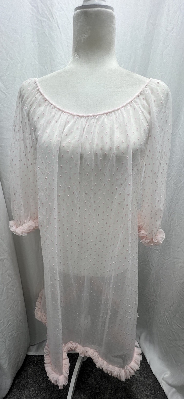 Vintage 50s Sears Charmode Lingerie Sheer Negligee Pink Dot Chiffon Size Small