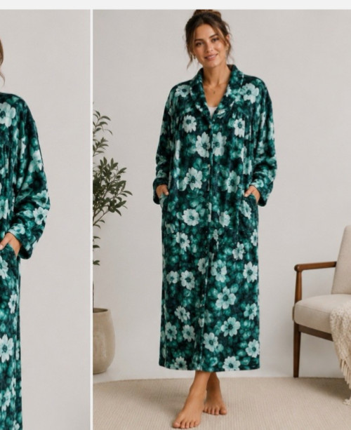 Vtg Robe Housecoat Floral Full Snap Buttons Plush Pockets Green Simply Basic 1XL