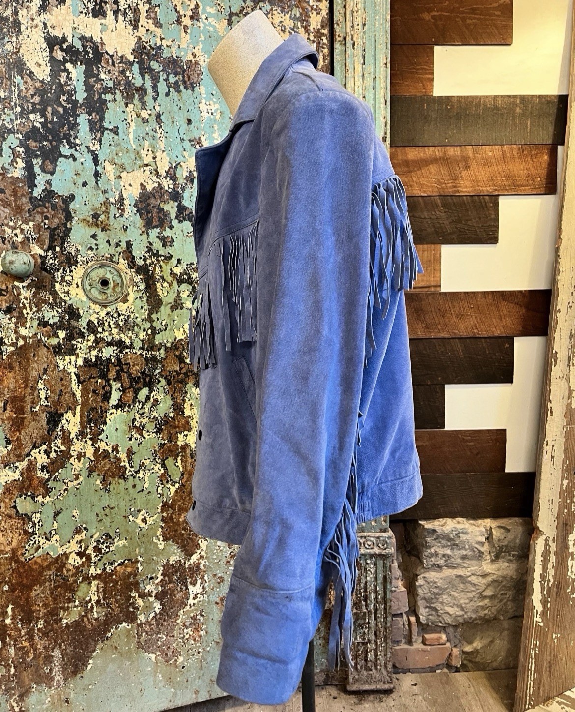 Vintage 1980s 1990s Blue Suede Fringe Jacket Medium