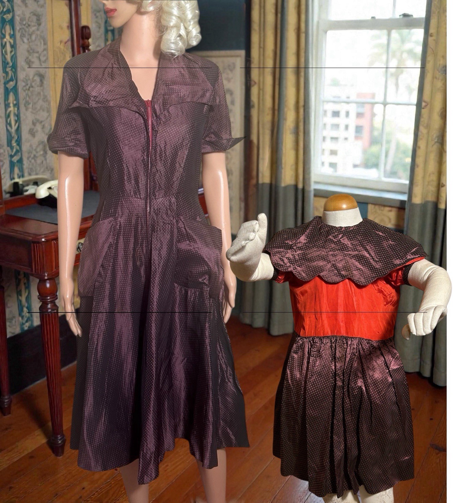 Vtg 50s Dress Set Mommy & Me Matching Plum Taffeta Party Fit Flare 28”W Girls 12