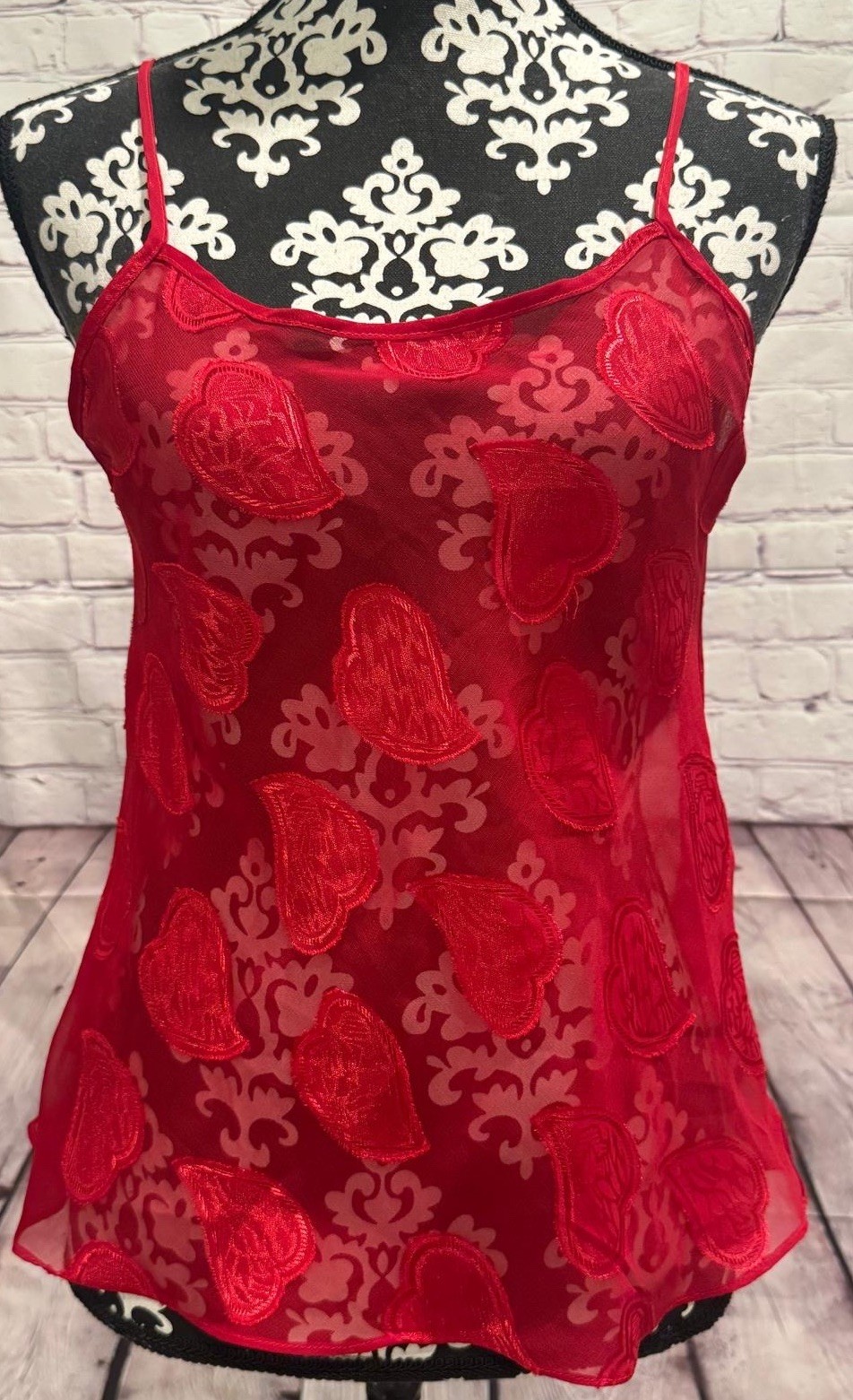 VTG 90’s Isabel Intimates Red Chiffon Heart Appliqués Babydoll Lingerie Cami L